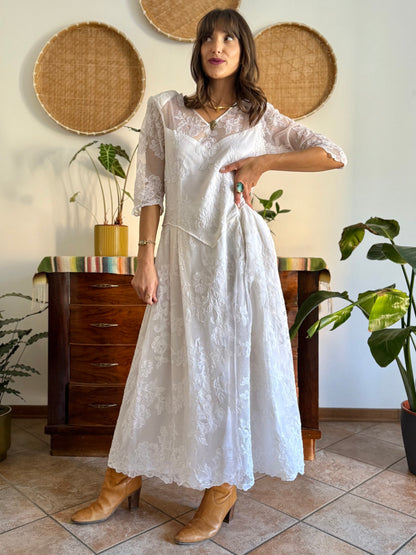 1970's vintage cream lace floral maxi dress with button details