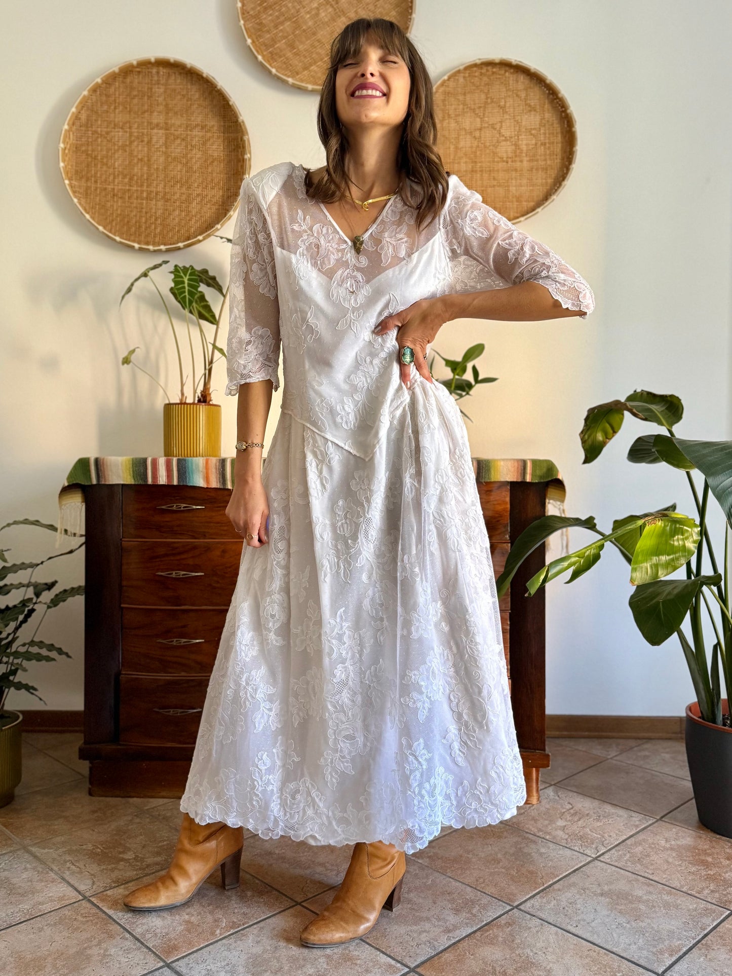 1970's vintage cream lace floral maxi dress with button details