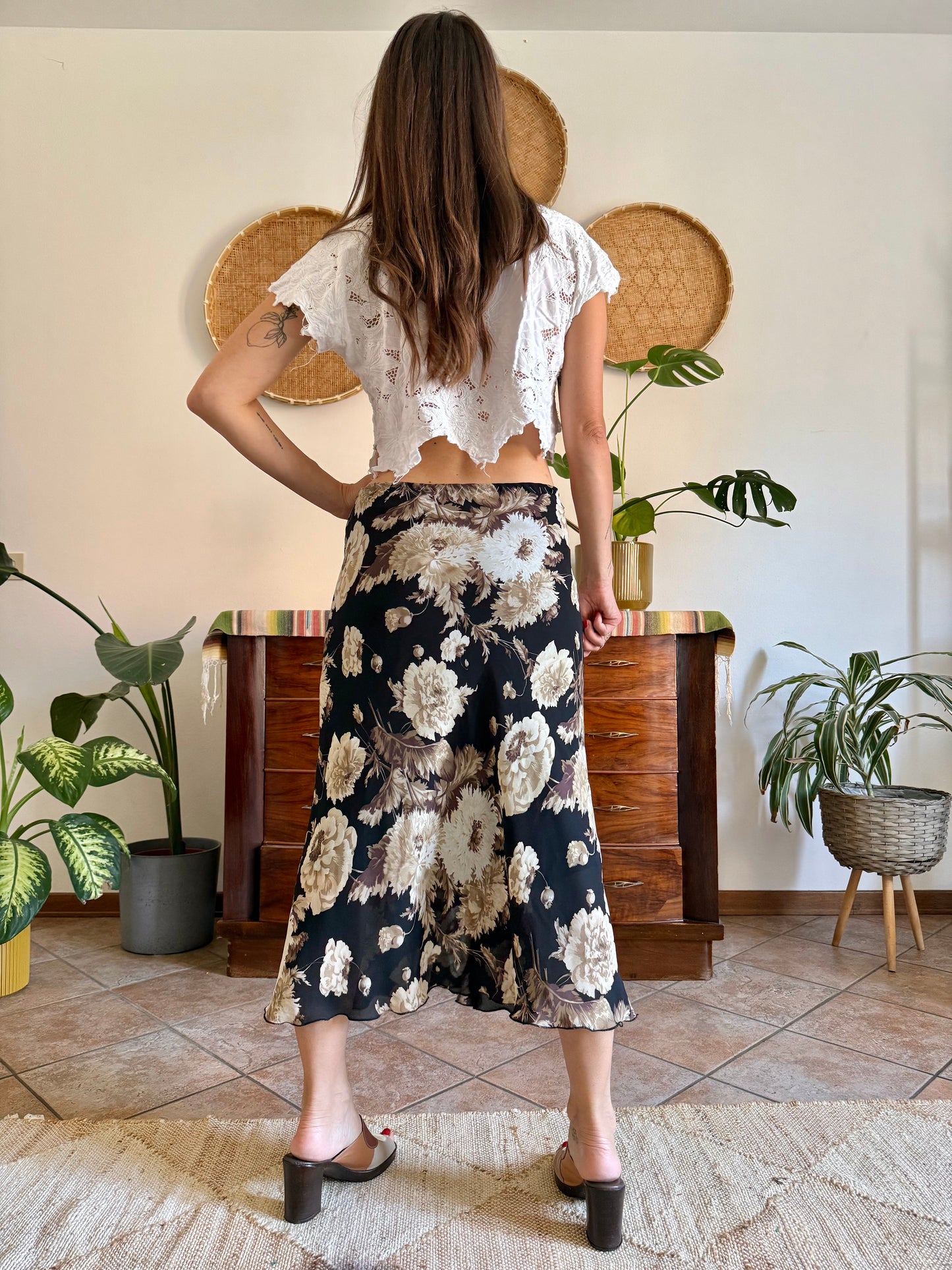 1990's vintage black, beige and lilac low waisted floral midi skirt