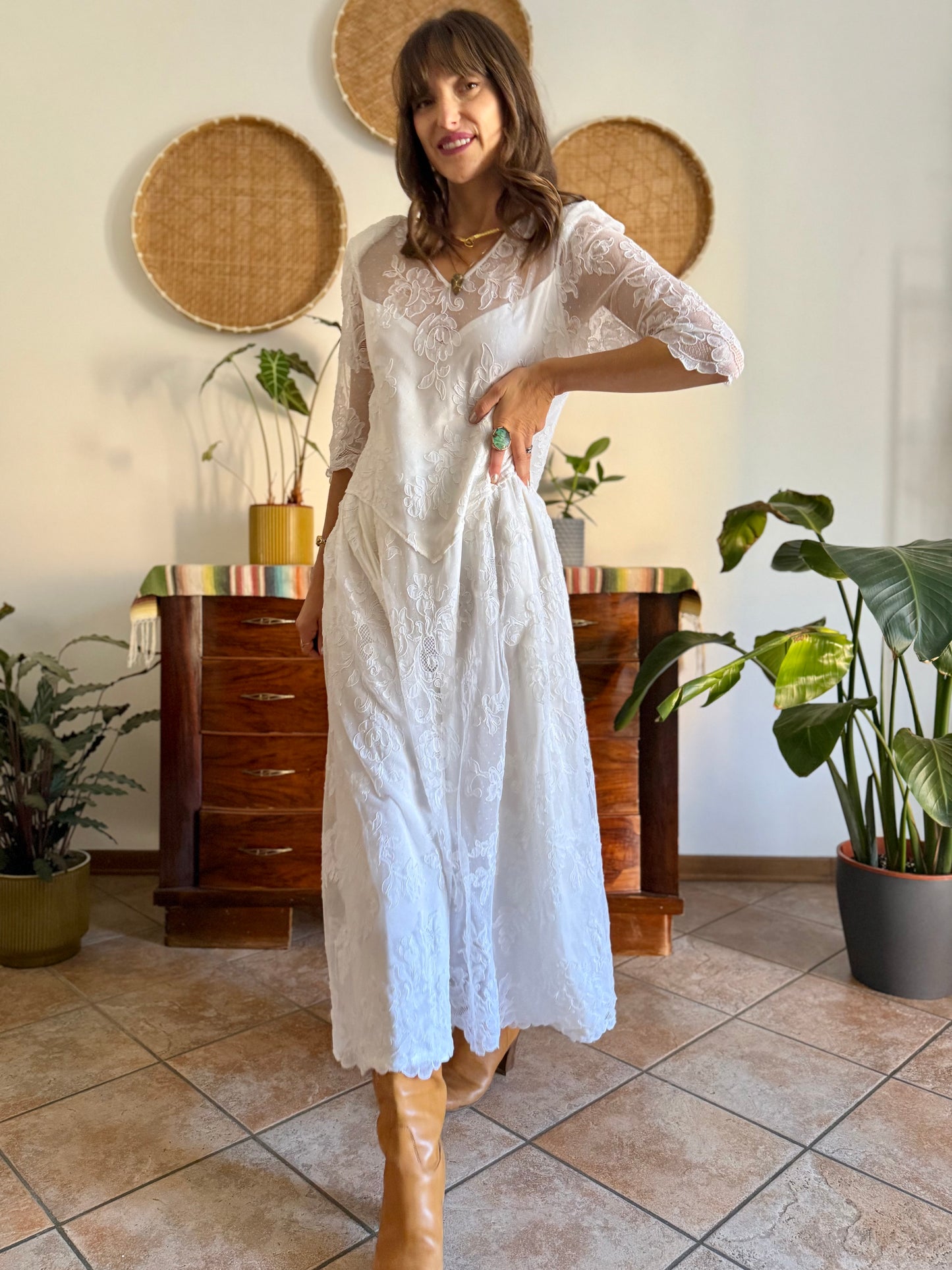 1970's vintage cream lace floral maxi dress with button details