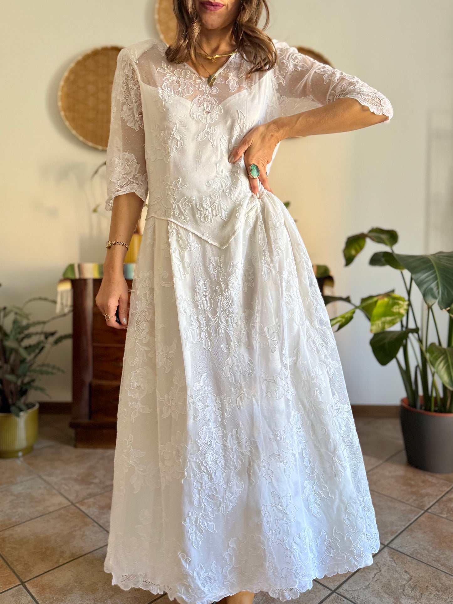 1970's vintage cream lace floral maxi dress with button details