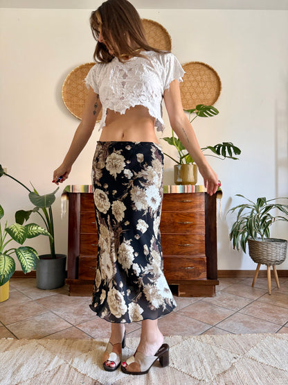1990's vintage black, beige and lilac low waisted floral midi skirt