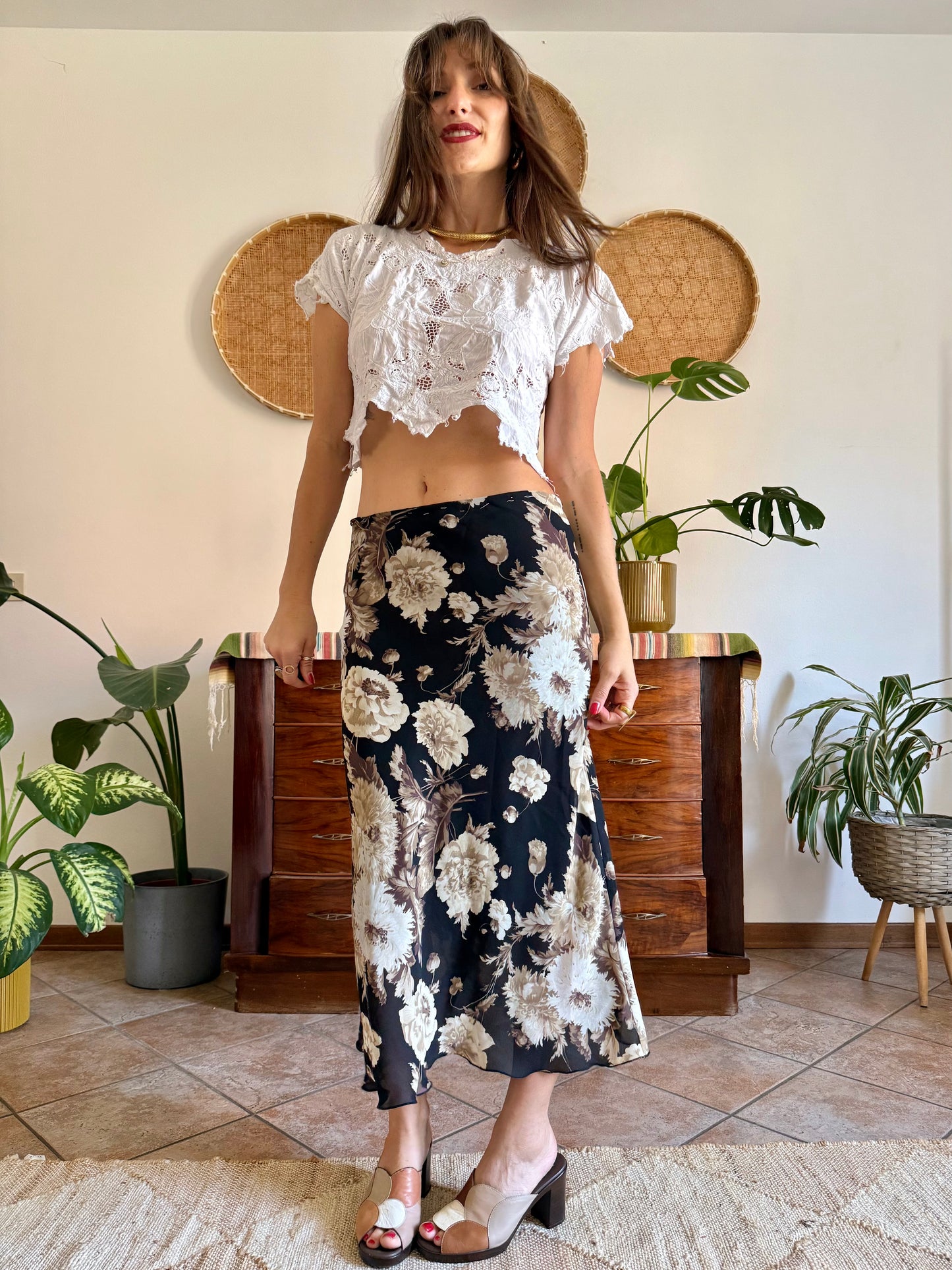 1990's vintage black, beige and lilac low waisted floral midi skirt