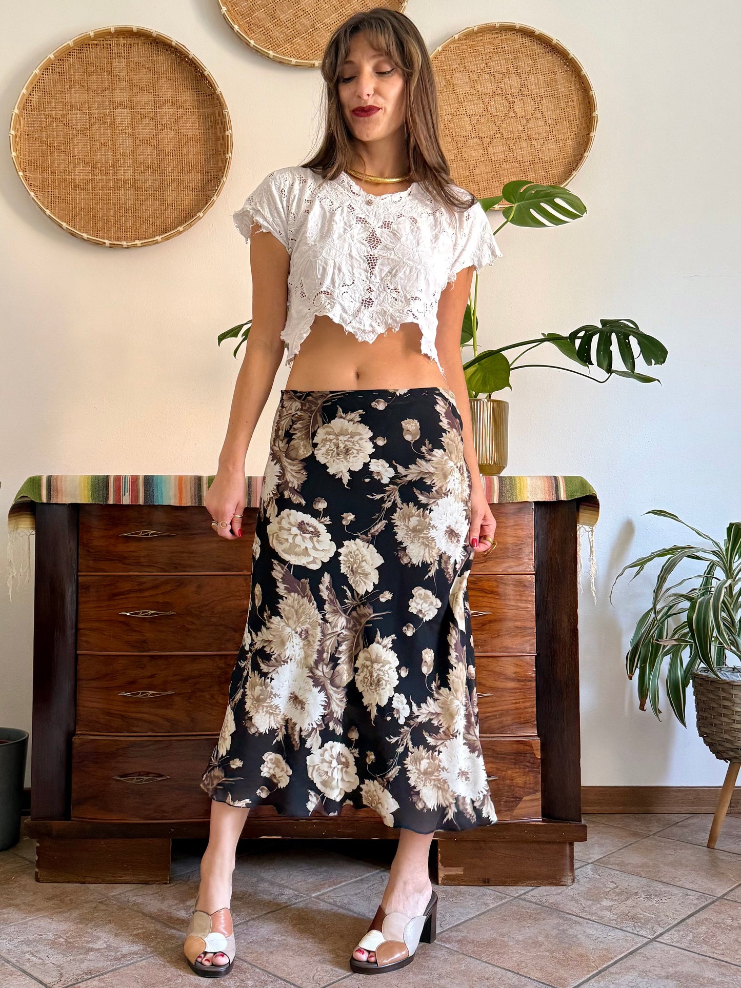 1990's vintage black, beige and lilac low waisted floral midi skirt