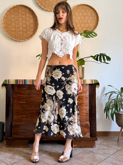 1990's vintage black, beige and lilac low waisted floral midi skirt