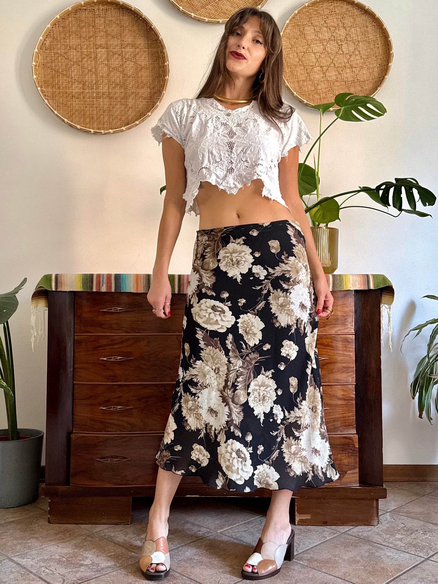 1990's vintage black, beige and lilac low waisted floral midi skirt