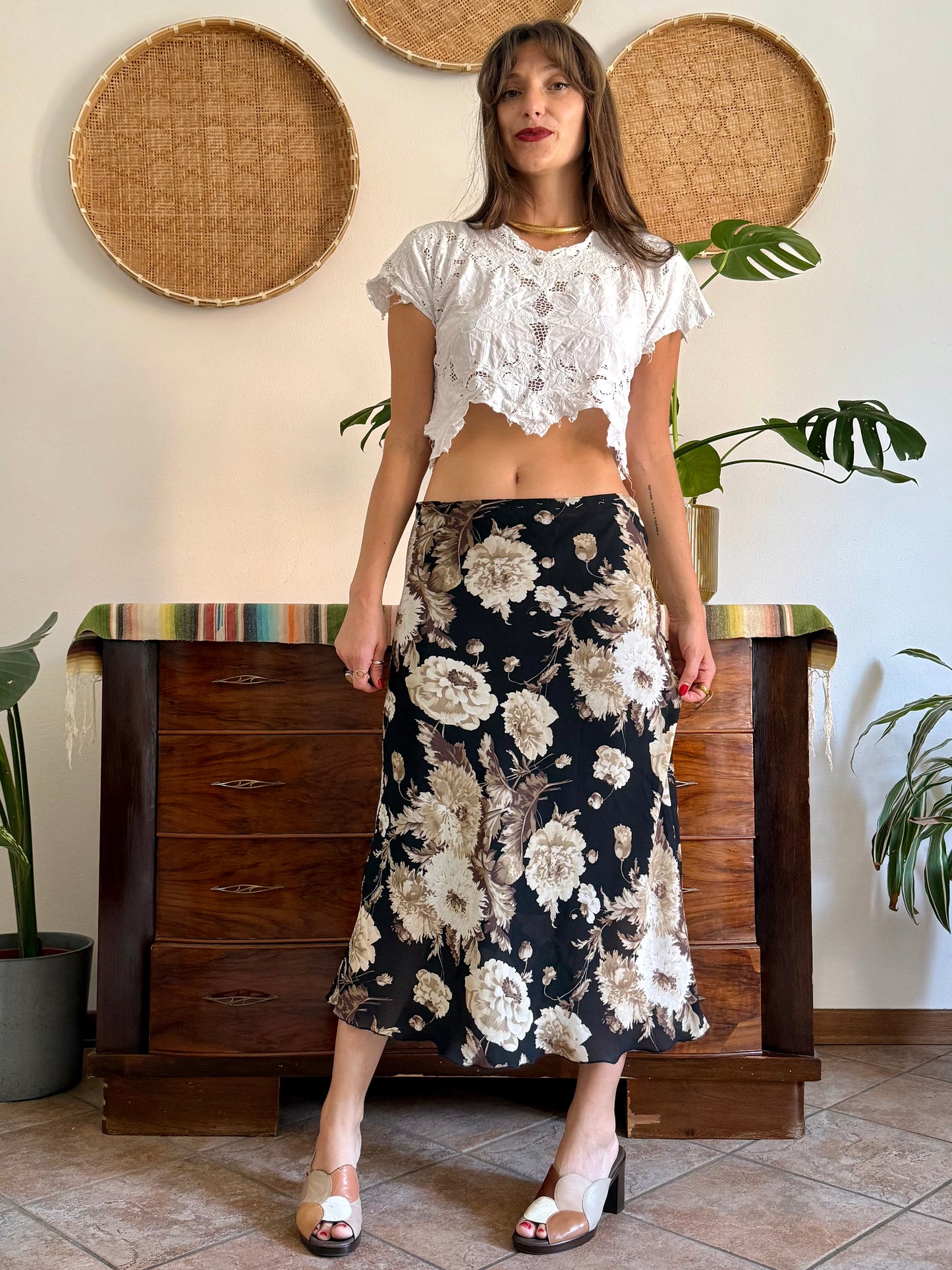 1990's vintage black, beige and lilac low waisted floral midi skirt