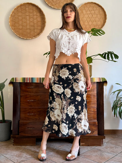 1990's vintage black, beige and lilac low waisted floral midi skirt