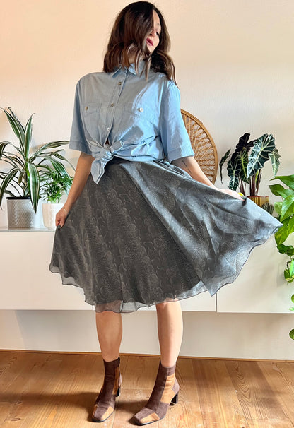 1970's vintage grey reptile print silk midi skirt