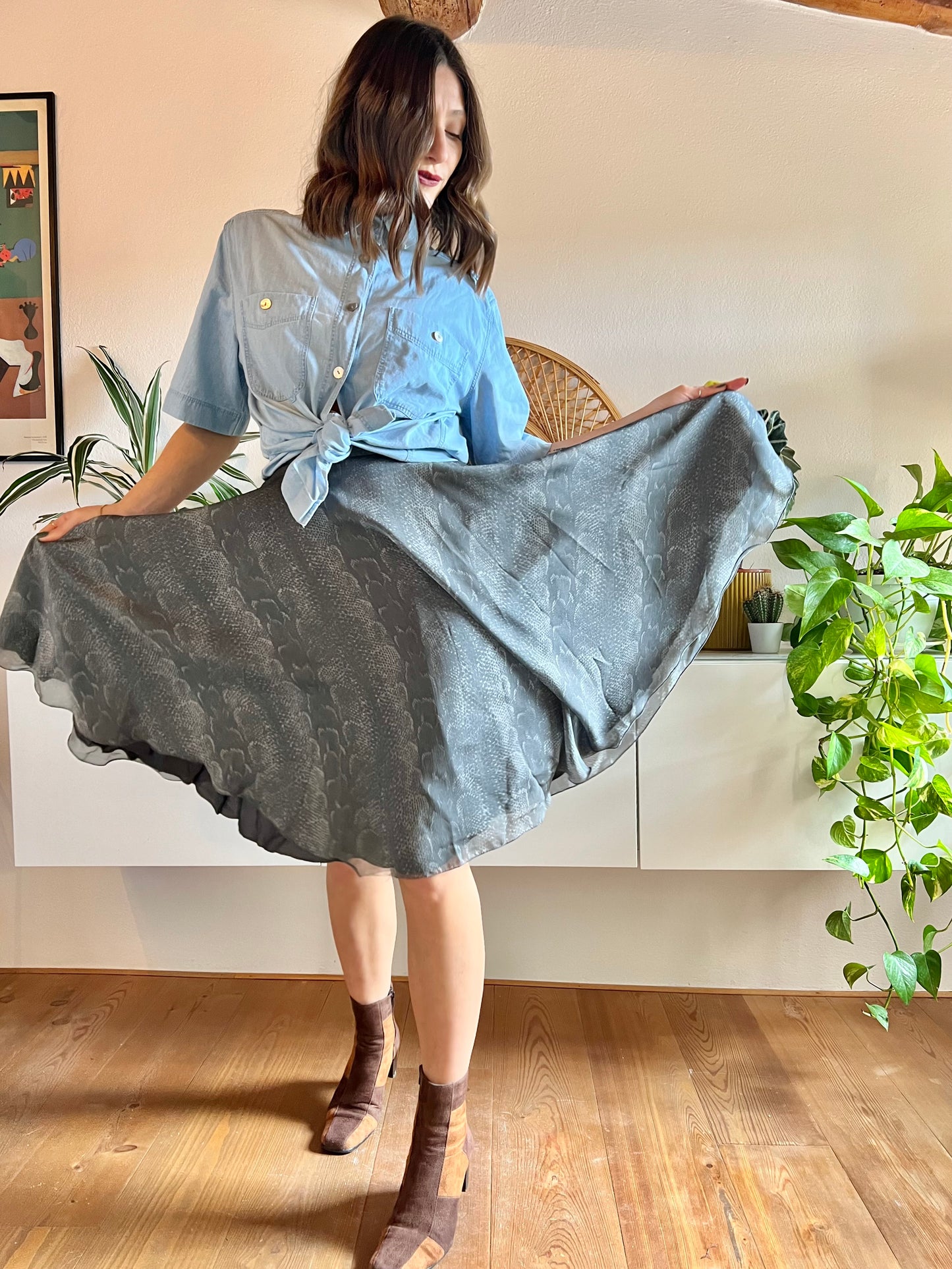 1970's vintage grey reptile print silk midi skirt