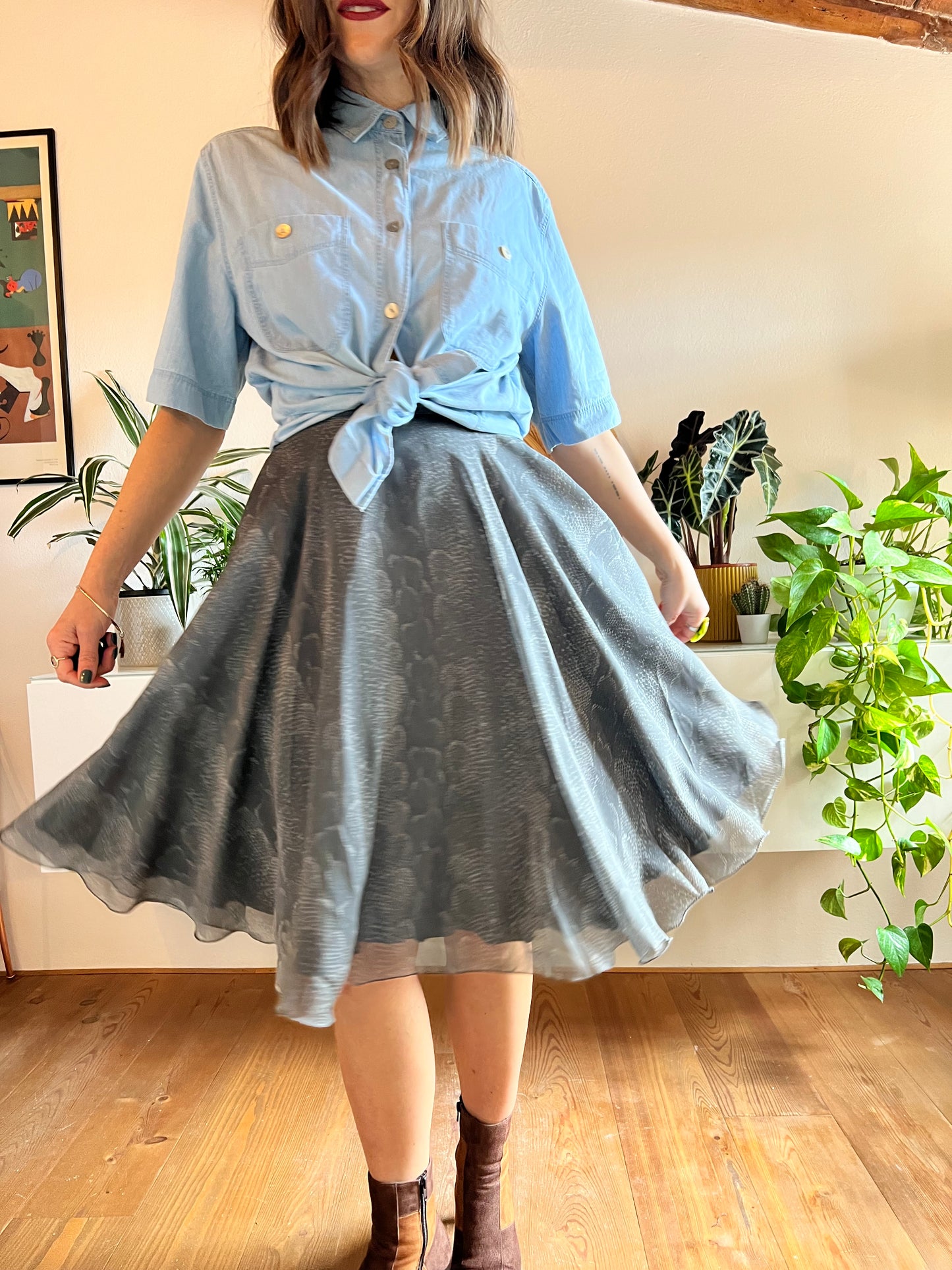 1970's vintage grey reptile print silk midi skirt