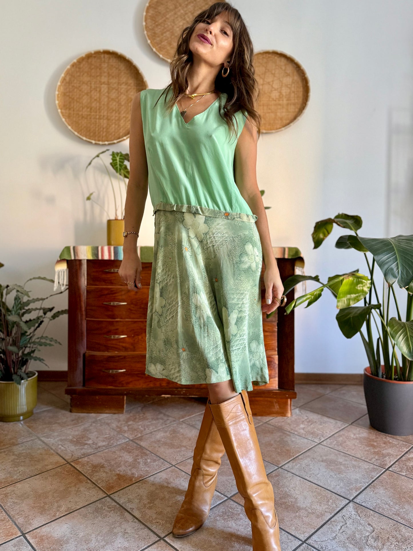 1960's vintage hand made mint green silk midi dress with floral print