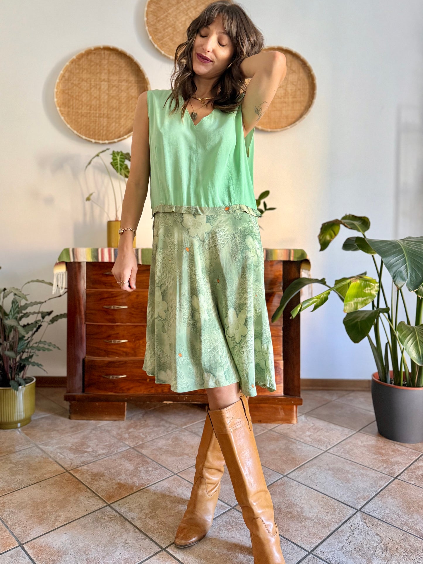 1960's vintage hand made mint green silk midi dress with floral print