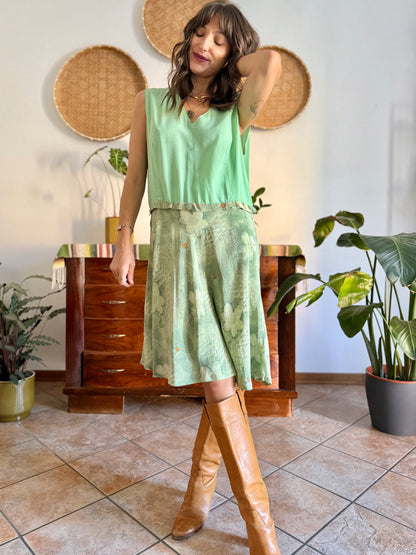 1960's vintage hand made mint green silk midi dress with floral print