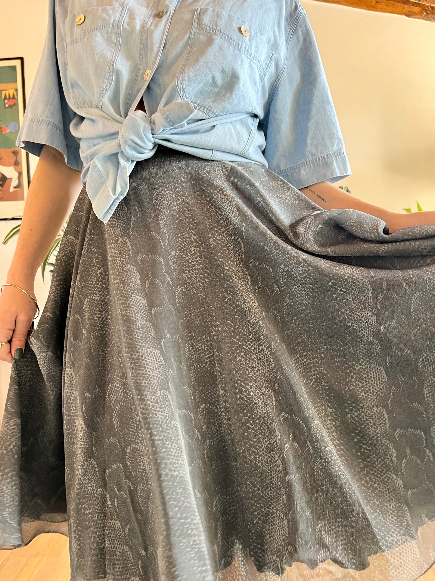 1970's vintage grey reptile print silk midi skirt