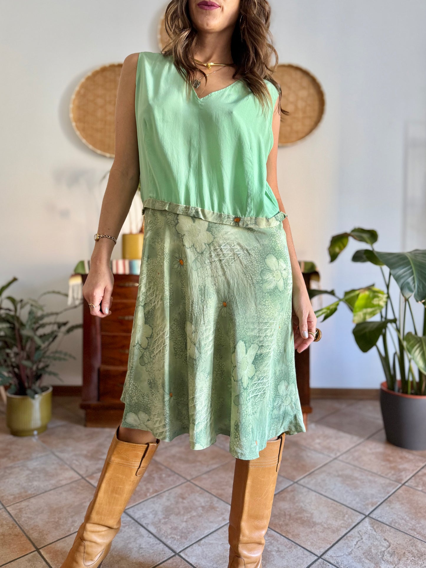 1960's vintage hand made mint green silk midi dress with floral print