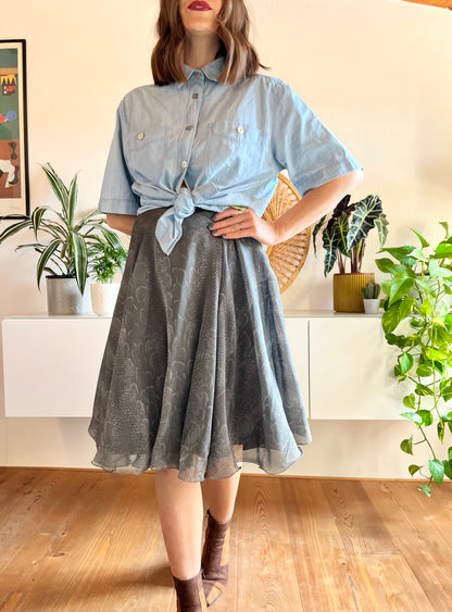 1970's vintage grey reptile print silk midi skirt