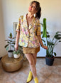 1970's vintage butter yellow and powder pink short sleeve floral blazer