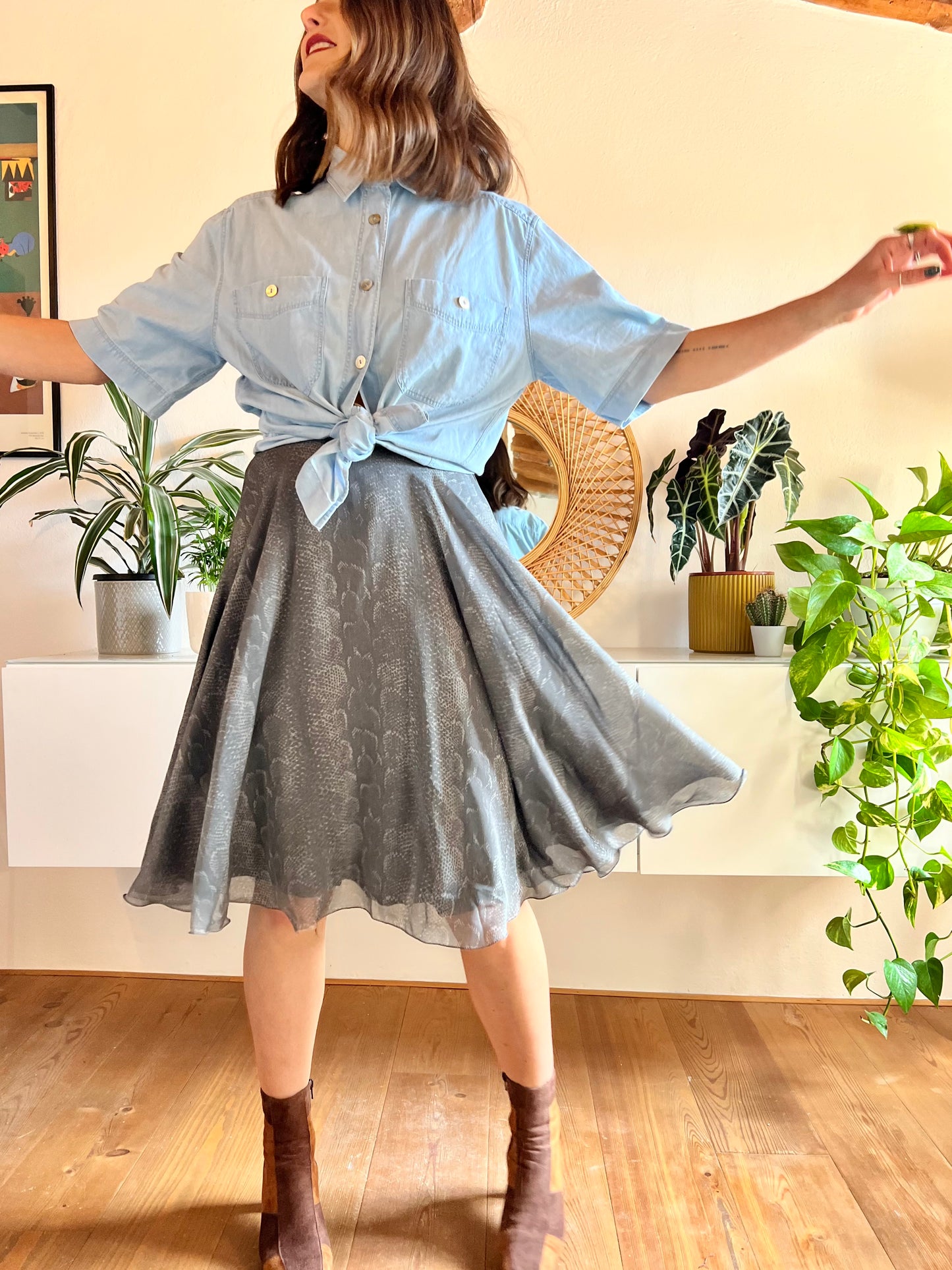 1970's vintage grey reptile print silk midi skirt