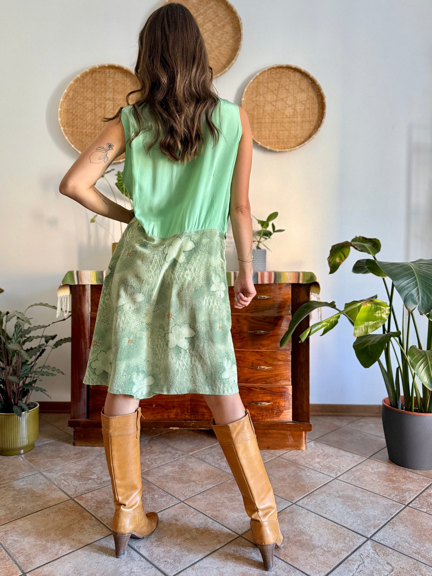 1960's vintage hand made mint green silk midi dress with floral print