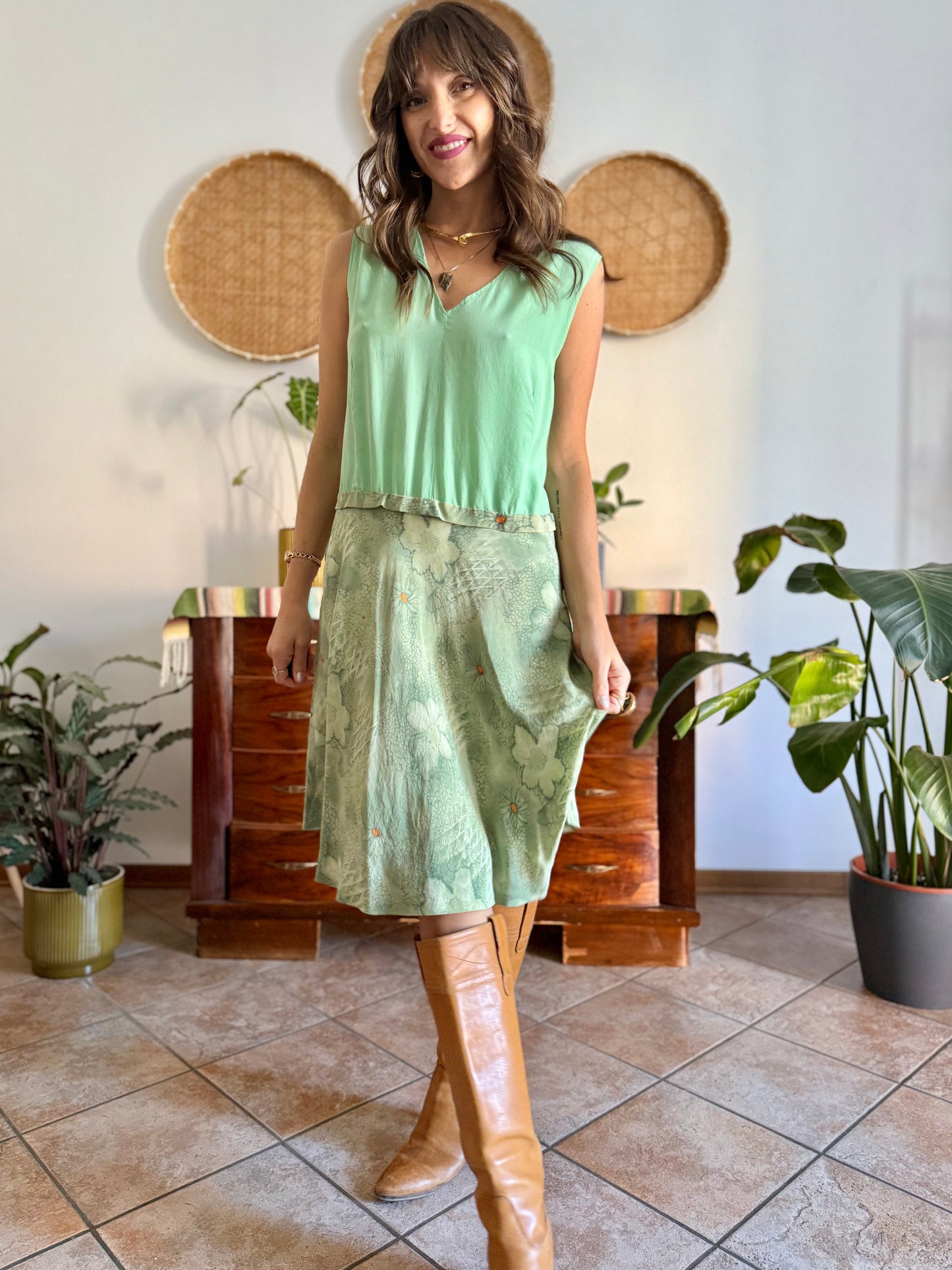 1960's vintage hand made mint green silk midi dress with floral print