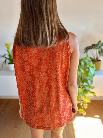 Top vintage anni '90 semitrasparente in terracotta con texture floreale