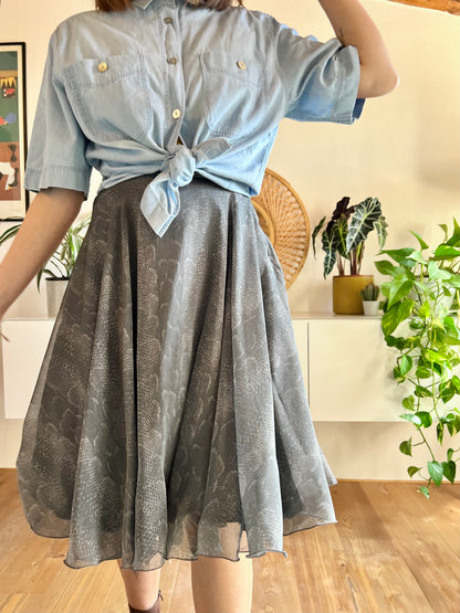 1970's vintage grey reptile print silk midi skirt