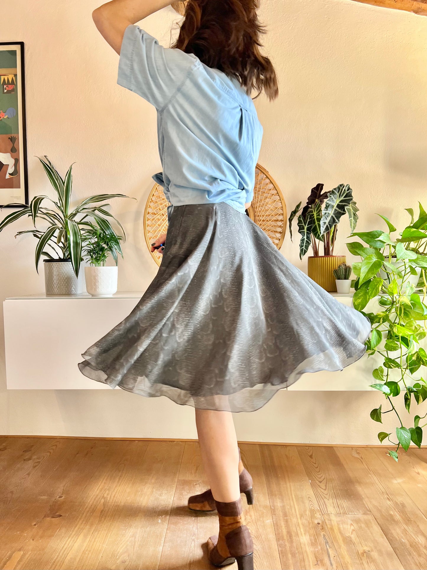 1970's vintage grey reptile print silk midi skirt