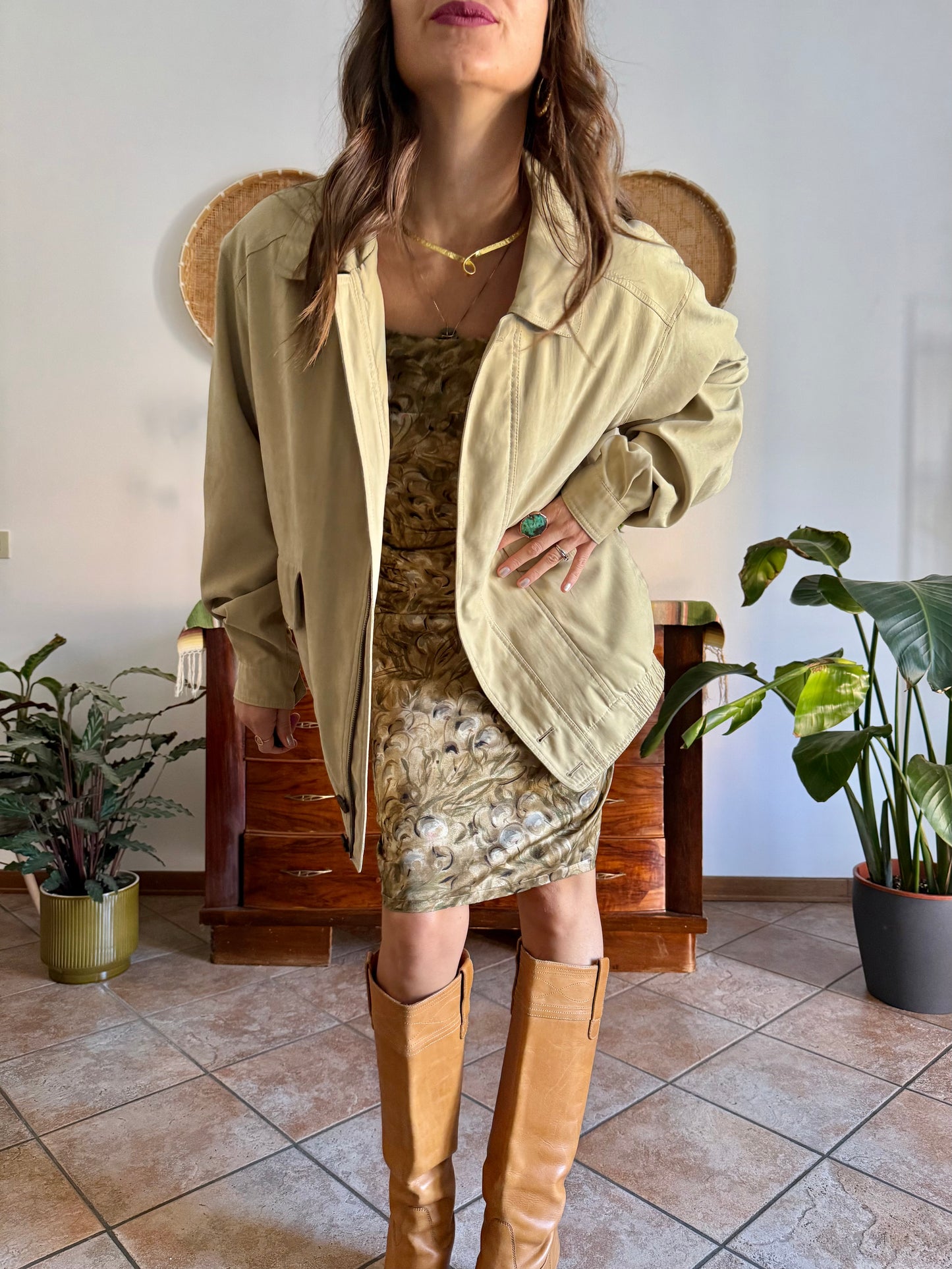 1990's vintage oversize khaki micro suede utility jacket