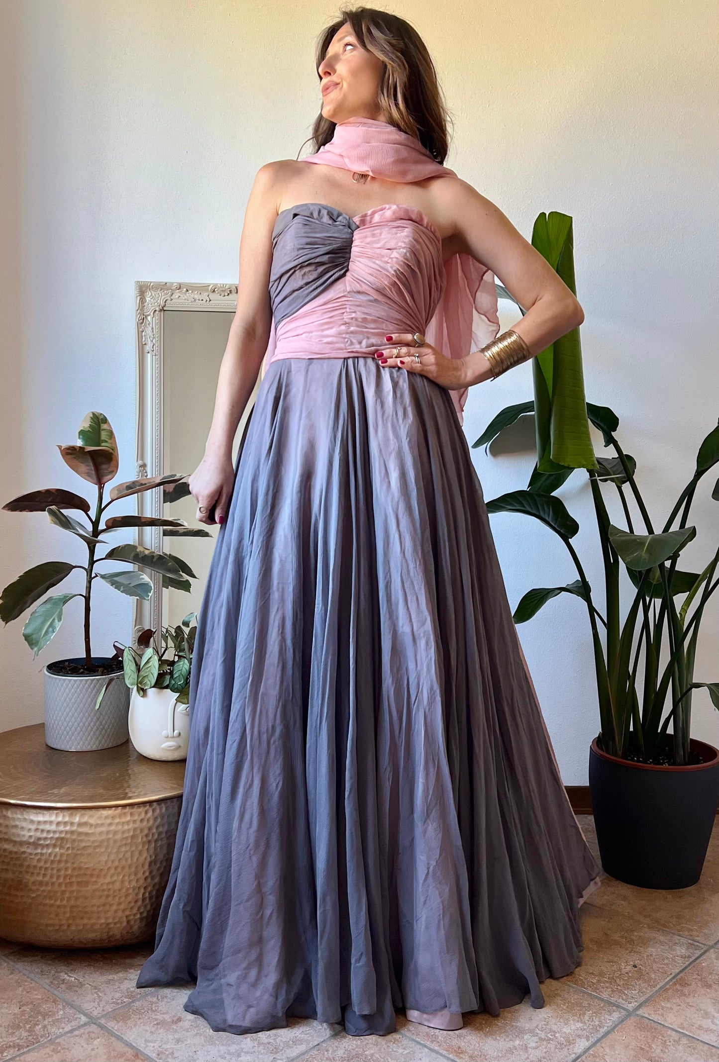 1950's vintage custom tailored powder pink and grey evening gown with matching scarf