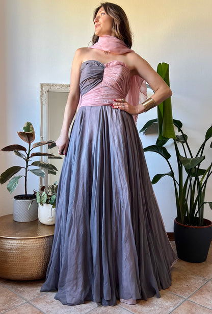 1950's vintage custom tailored powder pink and grey evening gown with matching scarf