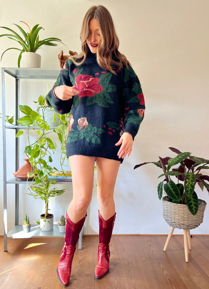 1970's vintage black hand knit pullover with burgundy and green floral pattern