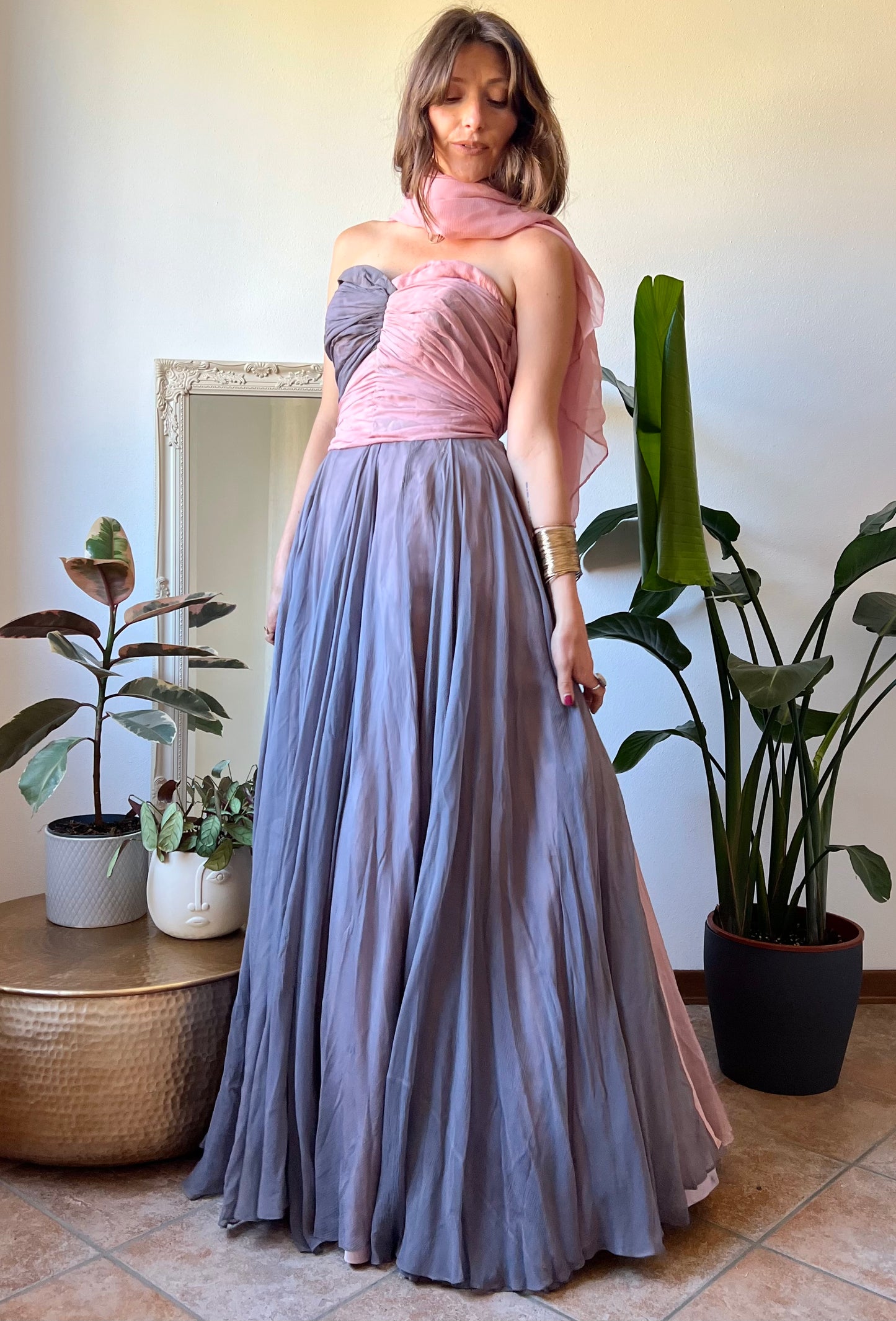 1950's vintage custom tailored powder pink and grey evening gown with matching scarf