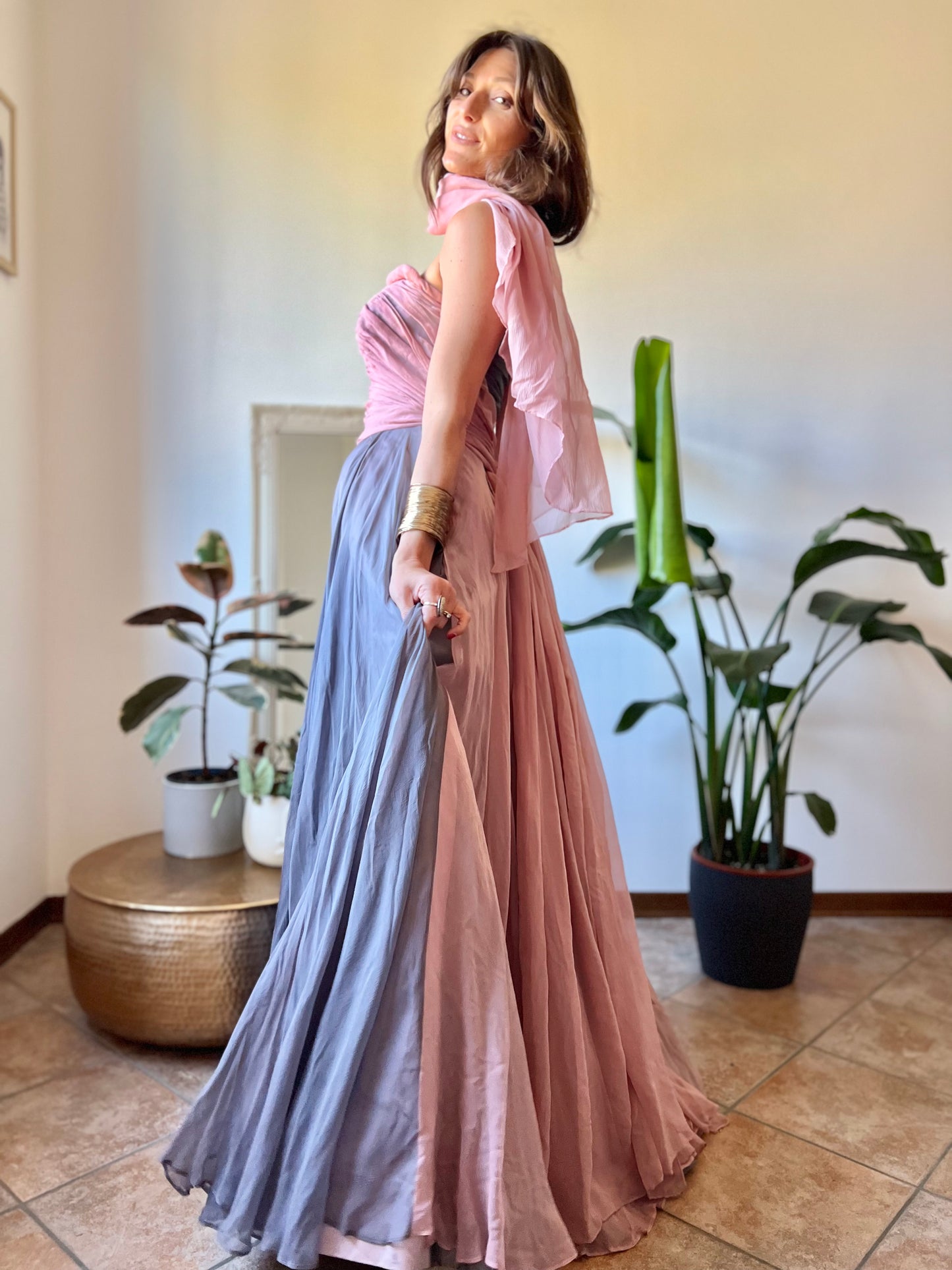 1950's vintage custom tailored powder pink and grey evening gown with matching scarf