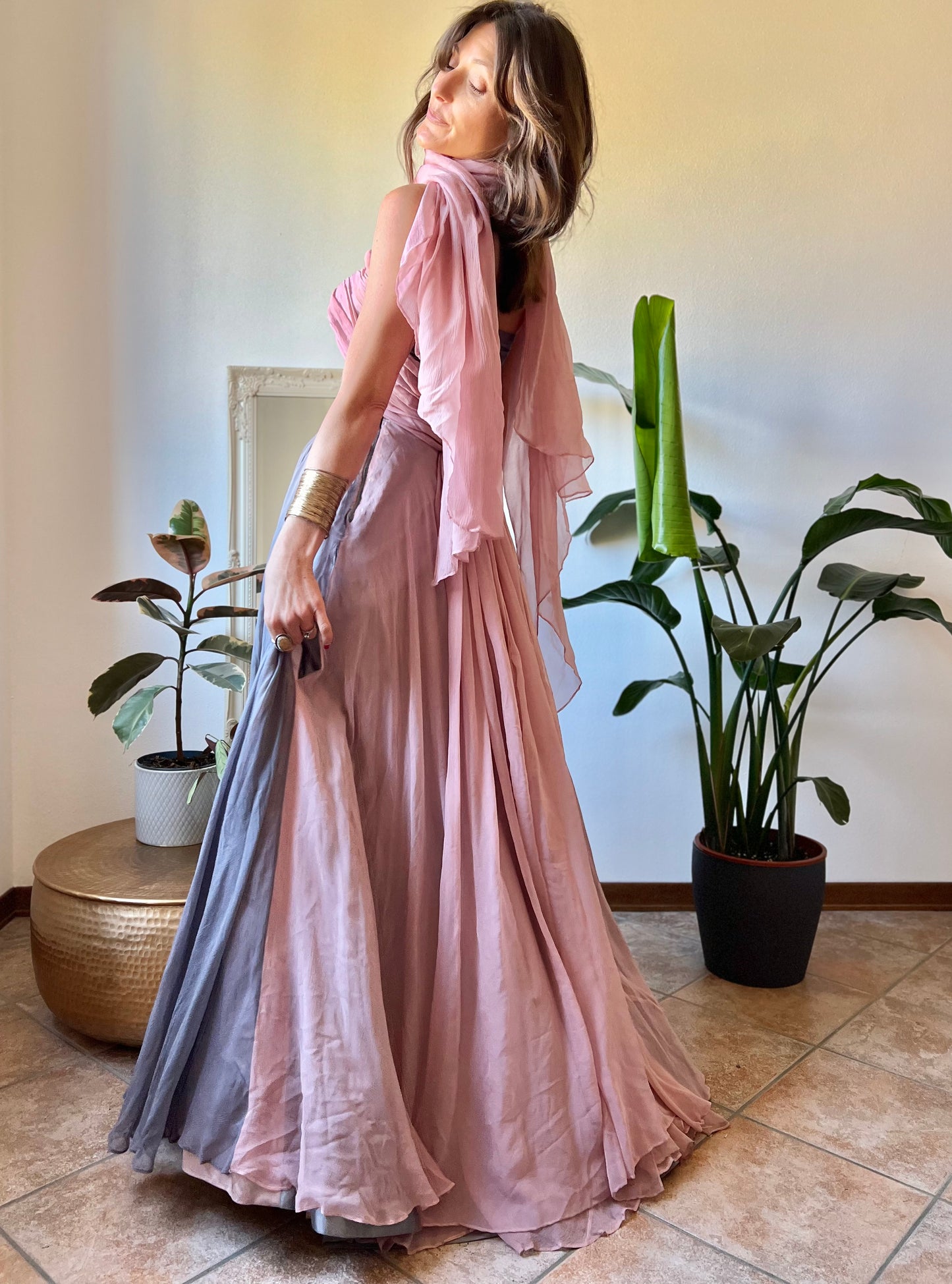 1950's vintage custom tailored powder pink and grey evening gown with matching scarf
