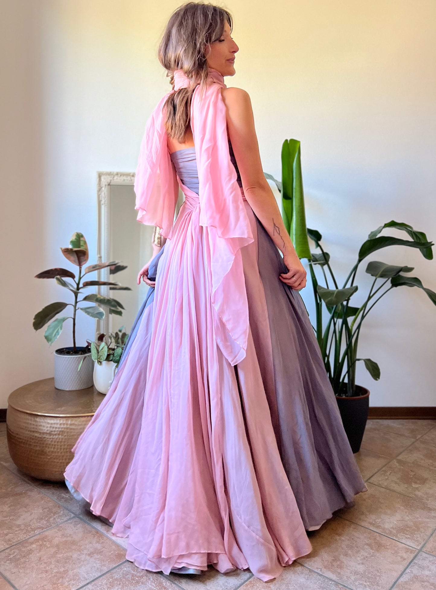 1950's vintage custom tailored powder pink and grey evening gown with matching scarf