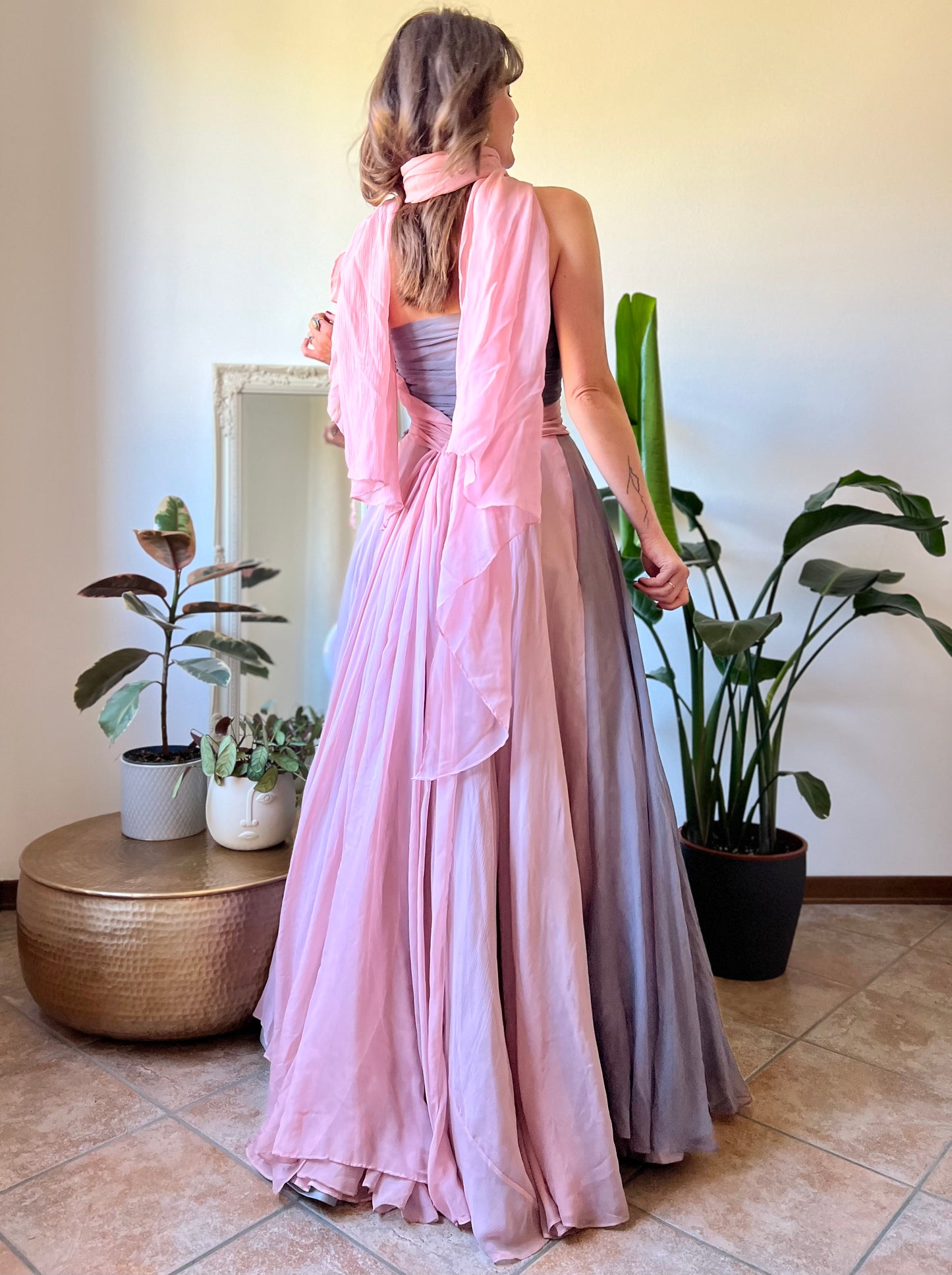 1950's vintage custom tailored powder pink and grey evening gown with matching scarf