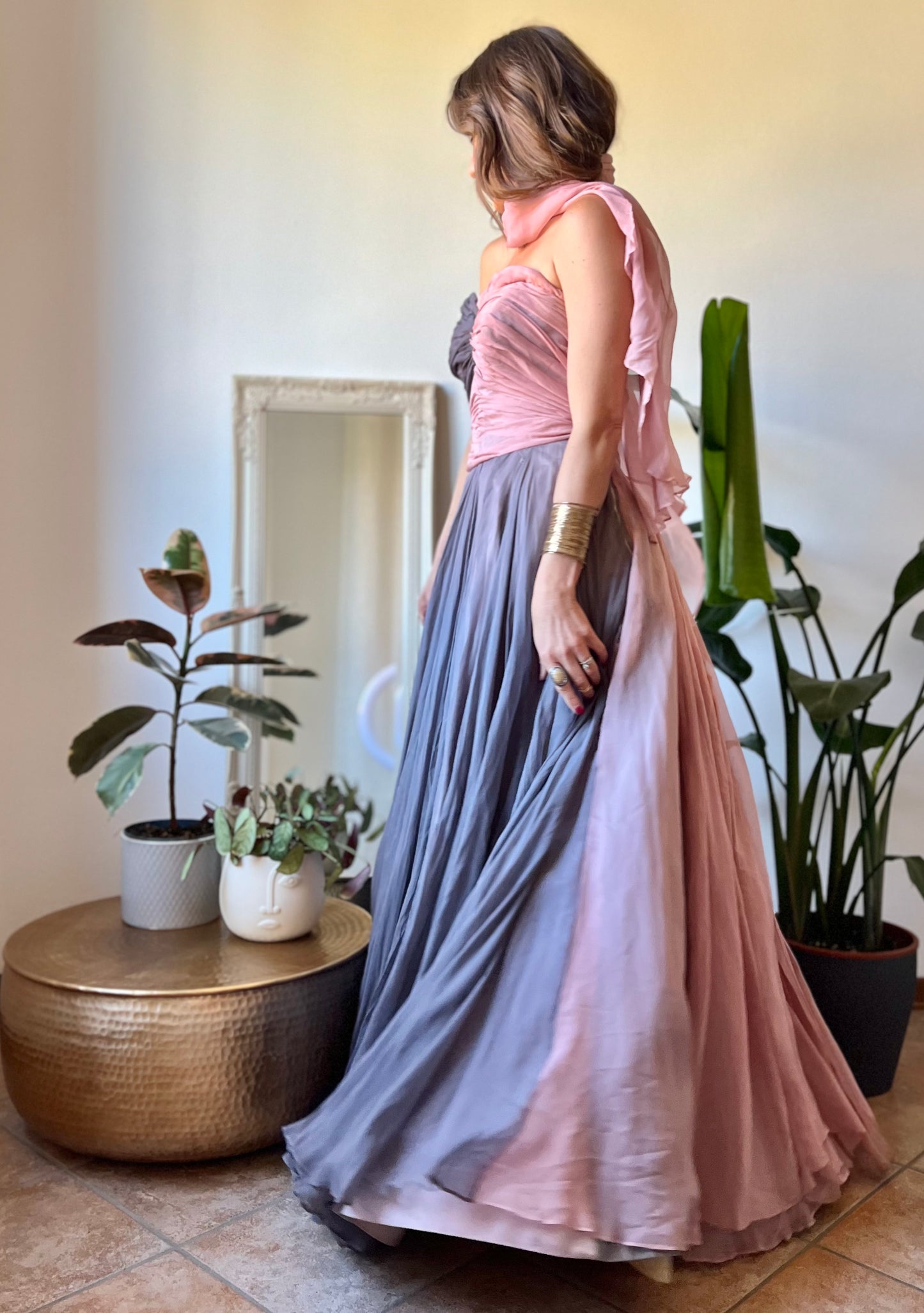 1950's vintage custom tailored powder pink and grey evening gown with matching scarf