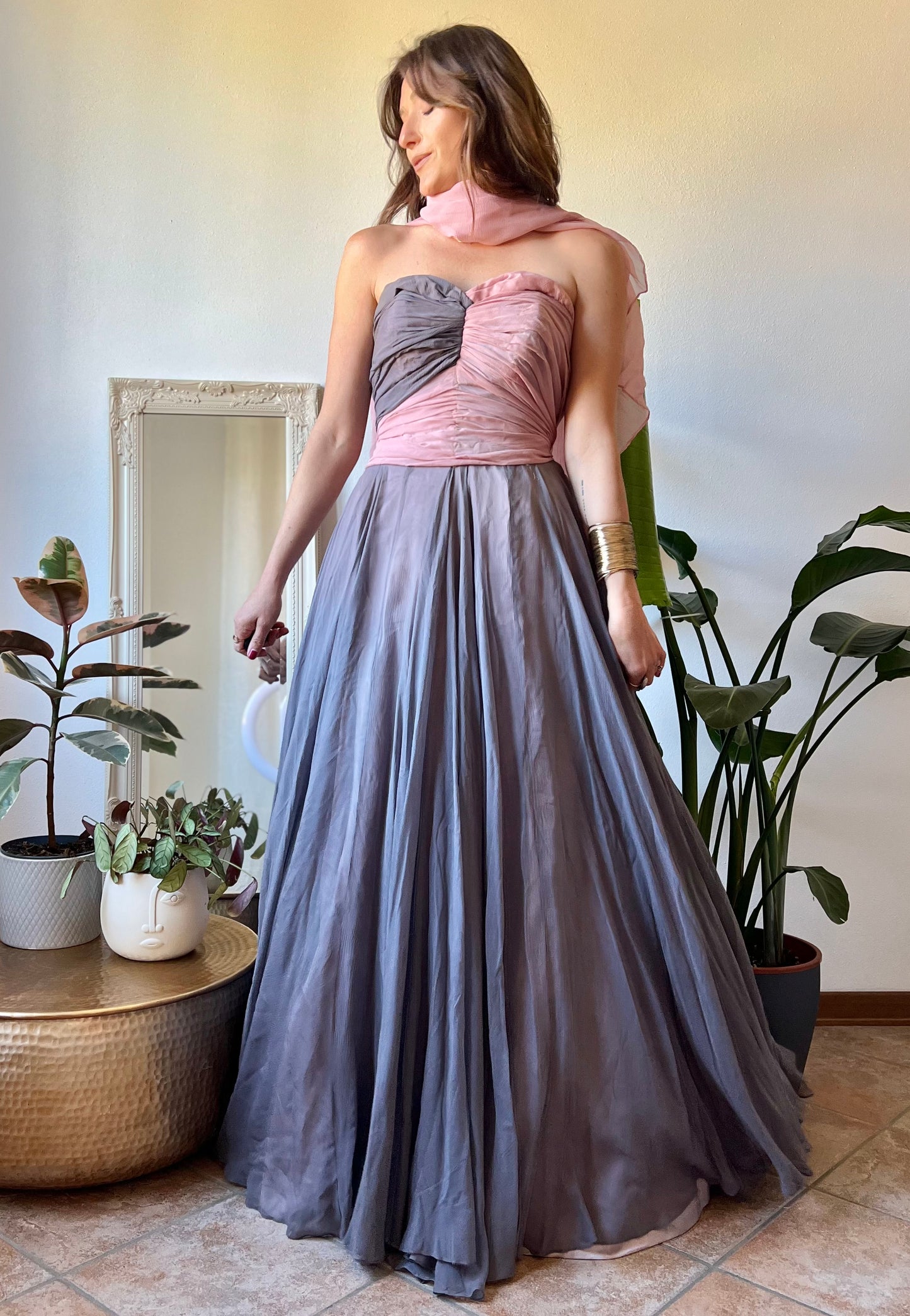 1950's vintage custom tailored powder pink and grey evening gown with matching scarf