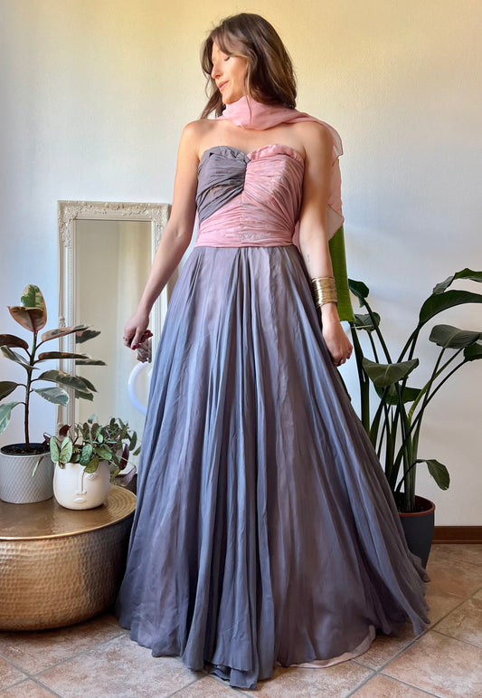 1950's vintage custom tailored powder pink and grey evening gown with matching scarf