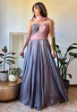 1950's vintage custom tailored powder pink and grey evening gown with matching scarf