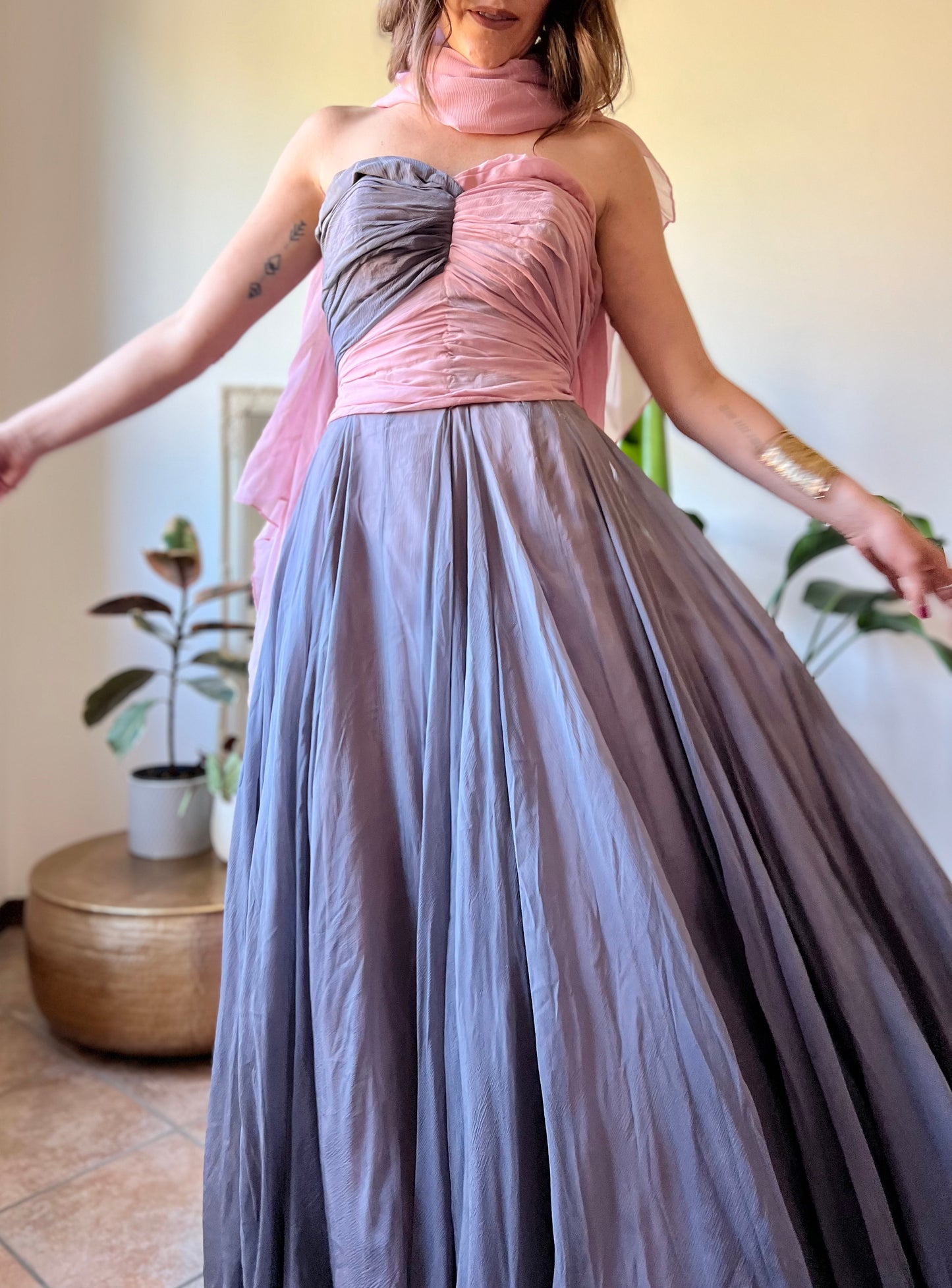 1950's vintage custom tailored powder pink and grey evening gown with matching scarf