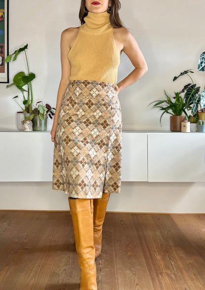 1970's vintage multi tonal brown and grey geometrical pattern pleated wool skirt