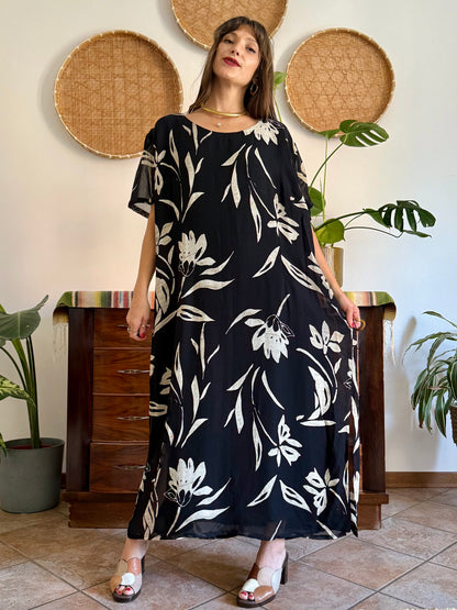 1990's vintage black floral maxi dress with beige and cream floral print