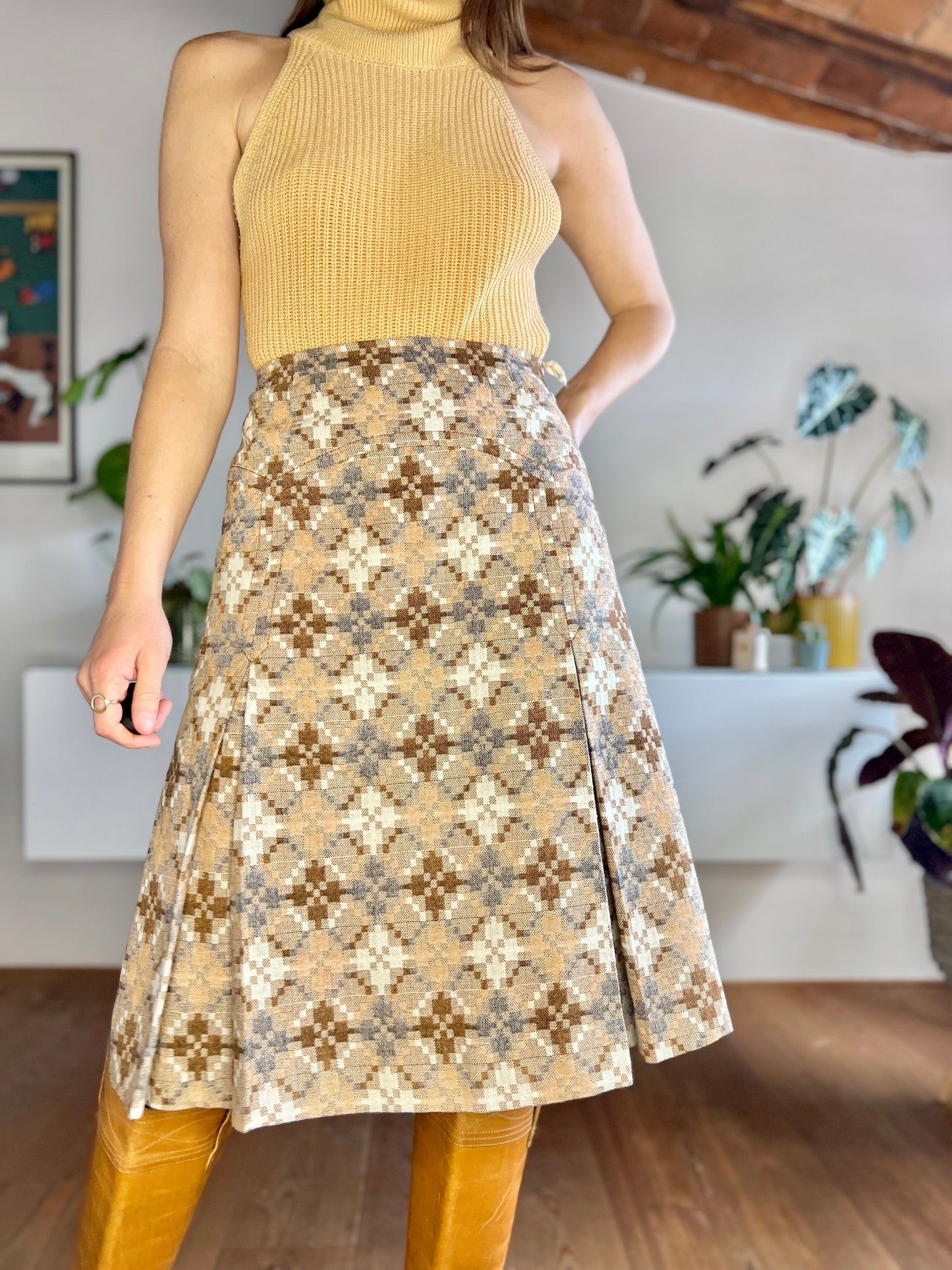 1970's vintage multi tonal brown and grey geometrical pattern pleated wool skirt