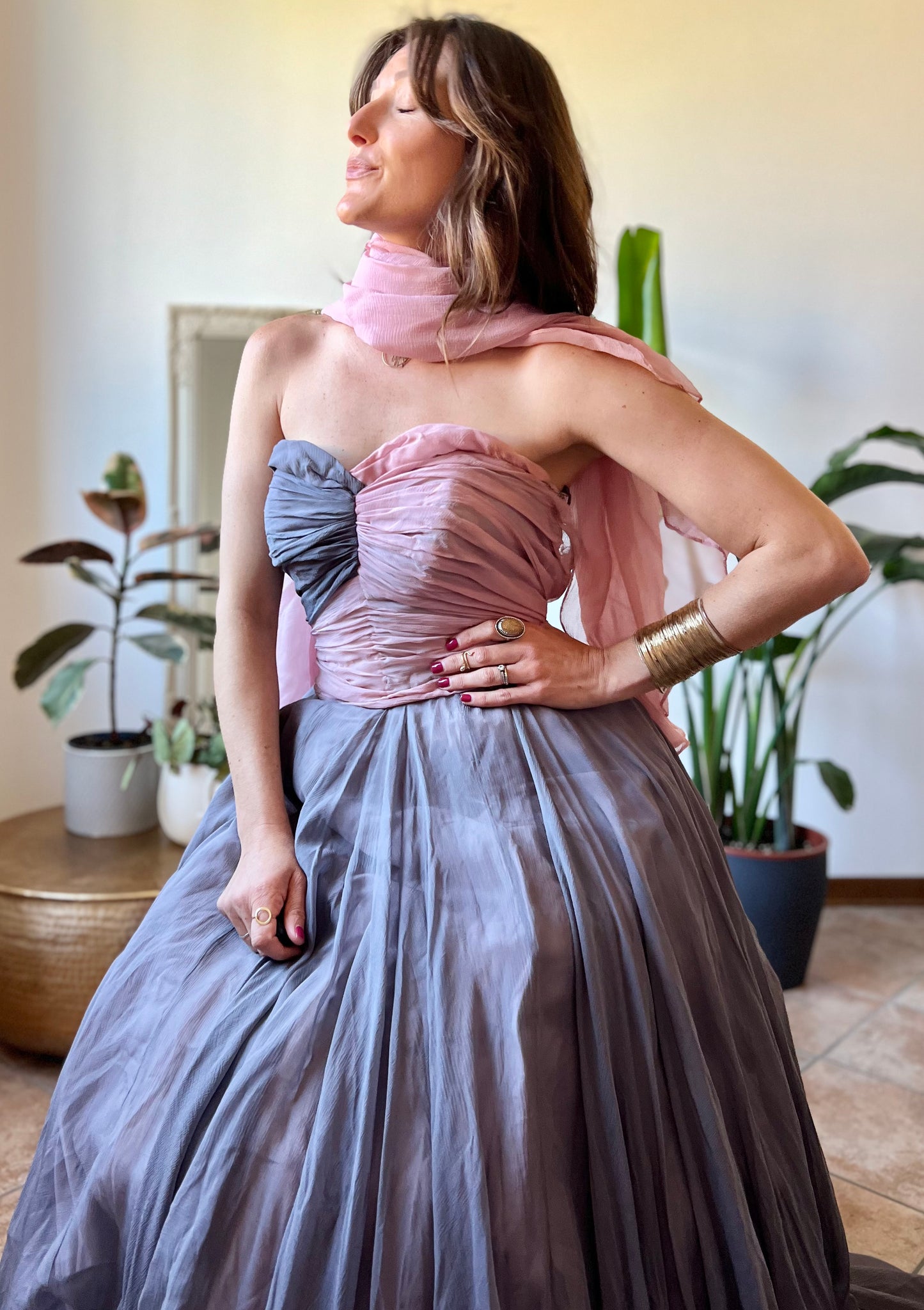 1950's vintage custom tailored powder pink and grey evening gown with matching scarf