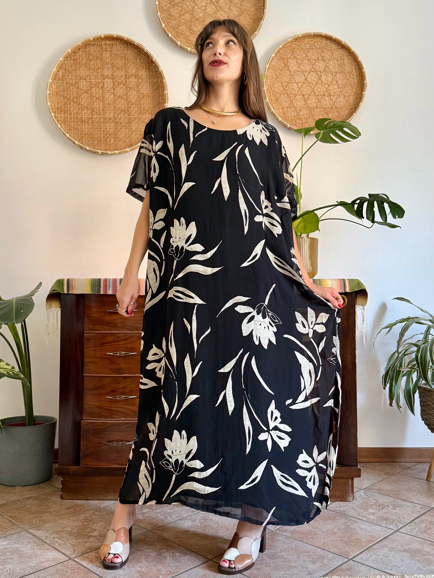 1990's vintage black floral maxi dress with beige and cream floral print