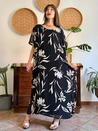 1990's vintage black floral maxi dress with beige and cream floral print