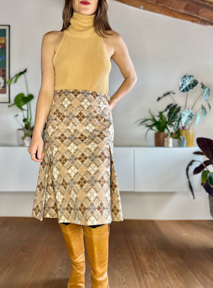 1970's vintage multi tonal brown and grey geometrical pattern pleated wool skirt