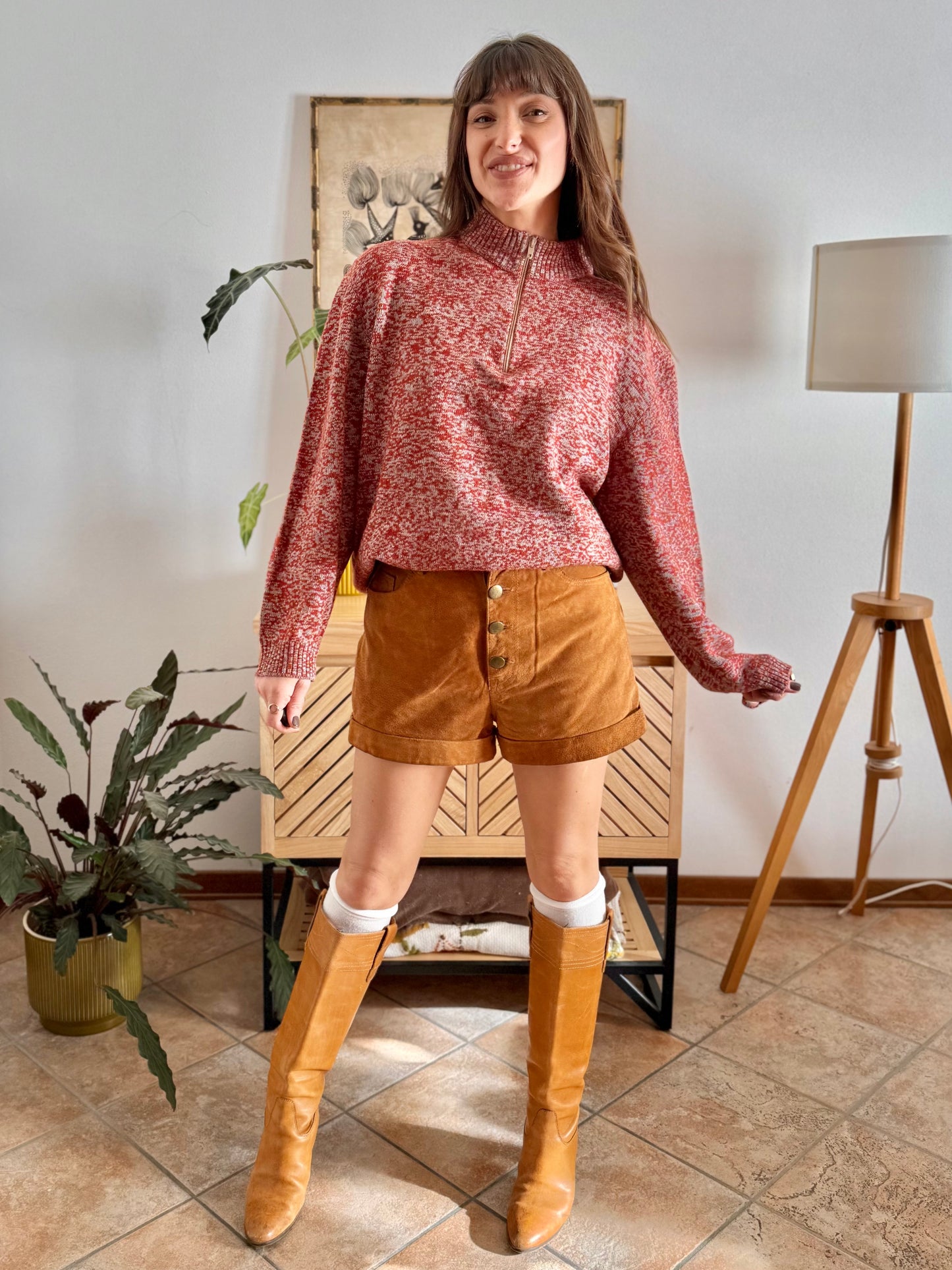 1990's vintage dark orange and grey knit half zip wool knit pullover